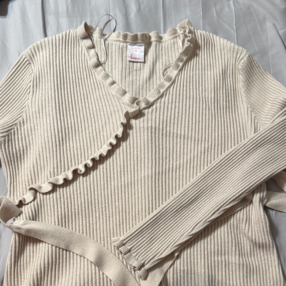 Luna Beige Ruffled V-Neck Sweater